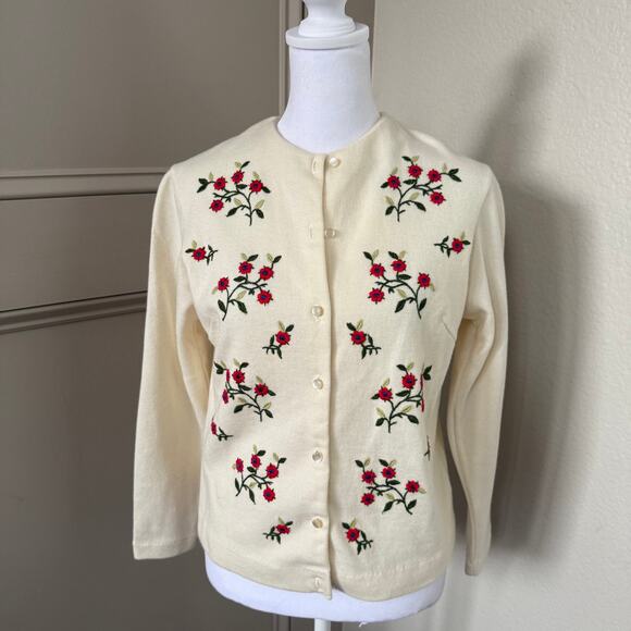 Vintage Jantzen Wool Cardigan Floral Embroidered Sweater Ivory Red Size 38 - Picture 1 of 9